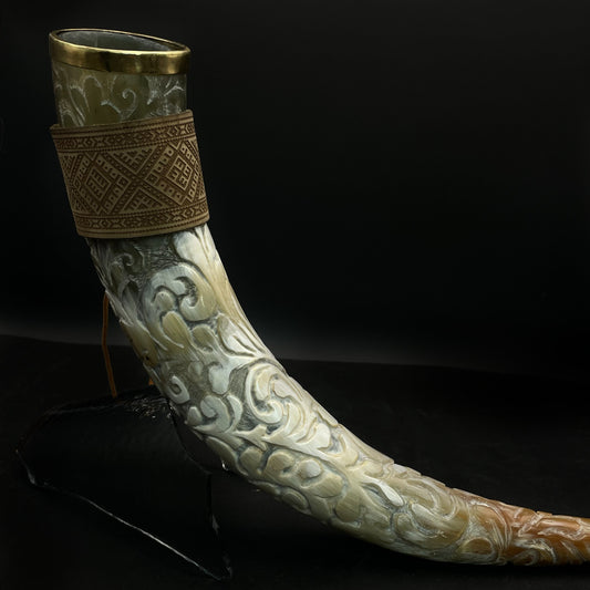 #3 Hand-engraved and brass-fitted 150 ml drinking horn